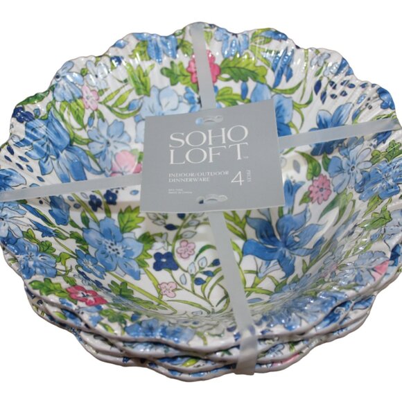 Soho Loft Blue Pink Flower Floral Scalloped Melamine 8" Soup Bowl Set of 4 NWT - Picture 1 of 6